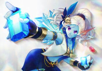 1girl armlet black_gloves blue_gemstone blue_jacket blue_skin blue_skirt breasts cleavage coco_dqx1 colored_skin commentary_request cowboy_shot crystal dragon_quest dragon_quest_x feather_hair_ornament feathers fingerless_gloves fins fish_girl floating_hair gem gloves gold_bra hair_ornament head_fins high_ponytail holding holding_gem jacket jewelry looking_to_the_side medium_breasts monster_girl navel ponytail purple_eyes red_gemstone skirt sleeveless sleeveless_jacket solo two-sided_fabric two-sided_jacket weddie_(dq10) white_background white_gemstone white_hair white_jacket