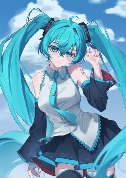 1girl absurdres ahoge aier_(2835730563) bare_shoulders black_skirt blue_eyes blue_hair blue_necktie blue_trim breasts closed_mouth cloud cloudy_sky collarbone detached_sleeves hair_between_eyes hair_ornament hatsune_miku highres long_hair long_sleeves looking_at_viewer medium_breasts miniskirt necktie pink_nails pleated_skirt shirt skirt sky sleeveless sleeveless_shirt smile solo thighhighs twintails very_long_hair vocaloid white_shirt wide_sleeves zettai_ryouiki