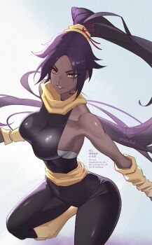 1girl artist_name bare_shoulders bleach breasts dark-skinned_female dark_skin female_focus hair_ornament highres large_breasts long_hair parted_bangs ponytail purple_hair shihouin_yoruichi shiny_skin shiro_font simple_background yellow_eyes
