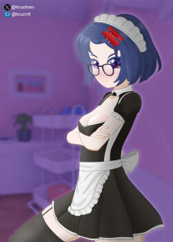 1girl absurdres glasses hair_ornament highres krusthien maid mila_(miside) miniskirt miside mita_(miside) short_hair skirt solo