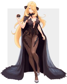 1girl absurdres blonde_hair bodystocking breasts chronopattern_dress closed_mouth cynthia_(pokemon) full_body grey_eyes hair_over_one_eye highres holding holding_poke_ball large_breasts looking_at_viewer nintendo poke_ball pokemon pokemon_dppt smile solo standing thighs truejekart