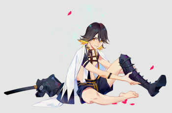 1boy aged_down armor black_hair black_shorts boots commentary_request full_body hair_between_eyes looking_at_viewer male_focus nagasone_kotetsu ncww_rinichi orange_eyes petals putting_on_footwear shorts single_bare_foot sitting smile solo sword touken_ranbu weapon