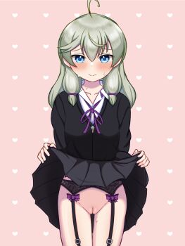 1girl ahoge assault_lily black_skirt black_sweater blue_eyes blush bow cleft_of_venus closed_mouth clothes_lift collarbone collared_shirt commentary_request cowboy_shot garter_belt grey_hair groin hair_between_eyes hands_up heart heart_background highres kanabako_misora lifting_own_clothes long_hair long_sleeves looking_at_viewer low-tied_sidelocks miniskirt neck_ribbon no_panties pink_background pleated_skirt purple_bow purple_ribbon puru_(pru_azucena) pussy raised_eyebrows ribbon school_uniform shirt sidelocks skirt skirt_lift solo standing sweat sweater thigh_gap uncensored yurigaoka_girls_academy_school_uniform