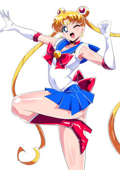 1girl bare_legs bishoujo_senshi_sailor_moon blonde_hair blue_eyes boots choker double_bun dress elbow_gloves female_focus gloves hair_bun hair_ornament heart heart_necklace high_heel_boots high_heels highres jewelry legs long_hair looking_at_viewer magical_girl neck necklace one_eye_closed parted_bangs pleated_dress red_boots sailor_moon sailor_senshi sailor_senshi_uniform smile solo super_sailor_moon tiara tsukino_usagi twintails very_long_hair warabimochi white_dress white_gloves wink