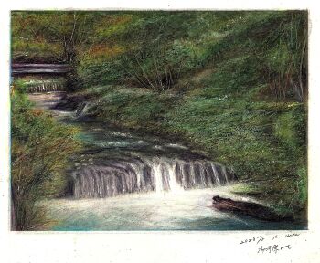 baden_hiroshi border colored_pencil_(medium) commentary_request day forest highres landscape nature no_humans original outdoors river scenery traditional_media water waterfall white_border