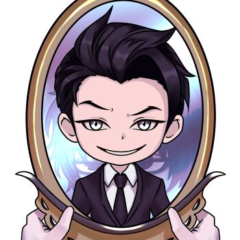 absurdres bags_under_eyes black_coat black_eyes black_hair black_necktie catphine coat collared_shirt commentary different_reflection english_commentary grey_eyes highres holding holding_mirror jitome looking_at_viewer mirror mordret_(shadow_slave) necktie pov pov_hands raised_eyebrow reflection shadow_slave shirt short_hair smirk sunny_(shadow_slave) swept_bangs white_shirt