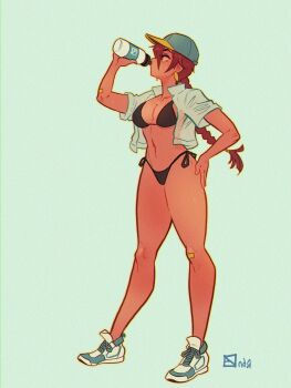 Rule 34 | 1girl, aqua background, aubrey (neal d. anderson), bikini, bikini under clothes, black bikini, bottle, breasts, brown hair, cleavage, curvy, drinking, freckles, full body, green background, hand on own hip, hat, highres, long hair, medium breasts, navel, neal d. anderson, original, ponytail, profile, shirt, shoes, short sleeves, simple background, solo, sweat, swimsuit, thong, thong bikini, very long hair, wet, wet clothes, white footwear, white shirt, wide hips