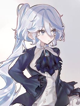 1girl adapted_costume ahoge alternate_hairstyle ascot black_gloves blue_ascot blue_eyes blue_gemstone blue_hair blue_jacket commentary_request drop-shaped_pupils eyelash_ornament furina_(genshin_impact) gem genshin_impact gloves hair_between_eyes haru_1un highres jacket long_hair multicolored_hair ponytail simple_background solo symbol-shaped_pupils vest white_background white_hair white_vest