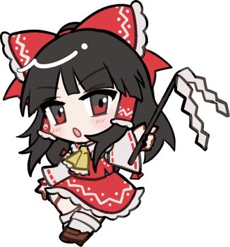 1girl :o ahoge ascot black_hair blunt_bangs blush bow brown_shoes chibi chibi_only detached_sleeves frilled_bow frilled_hair_tubes frilled_skirt frills full_body gohei grey_eyes hair_bow hair_tubes hakurei_reimu holding holding_gohei long_hair long_sleeves looking_at_viewer mirei_(miirei) multicolored_eyes open_mouth red_bow red_eyes red_shirt red_skirt ribbon-trimmed_sleeves ribbon_trim shirt shoes sidelocks simple_background skirt skirt_set sleeveless sleeveless_shirt socks solo standing touhou transparent_background two-tone_eyes v-shaped_eyebrows white_sleeves white_socks wide_sleeves yellow_ascot