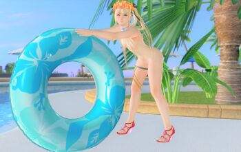 1girl 3d absurdres blonde_hair dead_or_alive dead_or_alive_3d high_heels highres loli marie_rose nude outdoors pool poolside tagme twintails