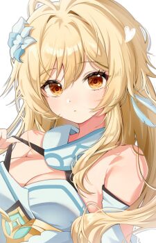 1girl alternate_hairstyle bare_shoulders blonde_hair breasts commentary dress feather_hair_ornament feathers flower genshin_impact geumxxi hair_between_eyes hair_flower hair_ornament hashtag-only_commentary heart highres long_hair looking_at_viewer lumine_(genshin_impact) medium_breasts solo symbol-only_commentary upper_body white_background white_dress white_flower yellow_eyes