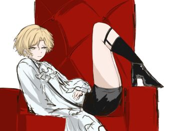 Rule 34 | 1boy, ascot, black boots, black shorts, blonde hair, boots, bright pupils, chair, couch, frilled sleeves, frills, garter straps, hair intakes, high heel boots, high heels, highres, knees up, limbus company, long sleeves, looking at viewer, male focus, official alternate costume, on chair, parted lips, project moon, reclining, rugatu to, shirt, shorts, sinclair (project moon), sketch, solo, tsurime, white ascot, white background, white pupils, white shirt, white sleeves, yellow eyes
