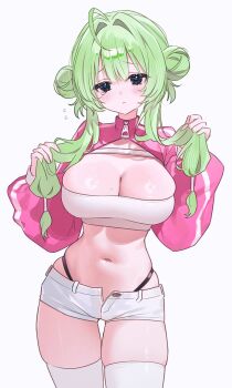 1girl ahoge black_eyes breasts cleavage commentary cowboy_shot crop_top double_bun extreme_crop_top fymrie green_hair hair_bun hands_up highleg highres holding holding_own_hair large_breasts long_hair long_sleeves looking_at_viewer midriff mole mole_on_breast navel open_fly original panty_straps pink_shrug puffy_long_sleeves puffy_sleeves shirt short_shorts shorts shrug_(clothing) simple_background skindentation solo standing stomach tearing_up thigh_gap thighhighs thighs white_background white_shirt white_shorts white_thighhighs zipper_pull_tab