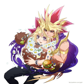 Rule 34 | 2boys, armlet, atem, bare arms, bare shoulders, belt, belt collar, bishounen, black belt, black collar, black pants, black shirt, blonde hair, bloom, blue gem, bracelet, bright pupils, burger, cape, circle name, closed mouth, collar, commentary request, copyright name, cowboy shot, creature, dissolving, dual persona, duel monster, earrings, falling petals, flower, flower collar, flower request, food, fork, gem, gold armlet, gold bracelet, gold collar, gold headband, hari (quartzshow), holding, holding food, holding fork, jewelry, kuriboh, looking at another, looking up, male focus, midriff peek, multiple boys, ofuda earrings, open mouth, pants, petals, purple cape, purple eyes, red eyes, red hair, selfcest, shirt, short hair, simple background, sleeveless, sleeveless shirt, smile, spiked hair, star (symbol), studded belt, studded bracelet, tearing up, teeth, toned, toned male, tsurime, upper teeth only, usekh collar, watermark, web address, white background, white flower, white pupils, wrist belt, yami yugi, yaoi, yu-gi-oh!
