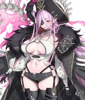 Rule 34 | 1girl, absurdres, black gloves, breasts, character request, check character, coat, commentary, demon girl, eyepatch, forked tongue, fur trim, garter belt, garter straps, gloves, hat, highres, horns, large breasts, long hair, looking at viewer, micro shorts, mika 030, mole, mole on thigh, navel, navel piercing, original, piercing, pirate costume, pirate hat, shorts, skull, solo, stomach, thighhighs, thighs, tongue, tongue piercing