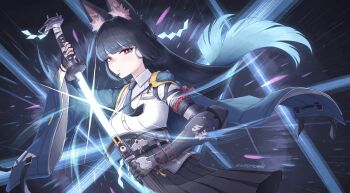 1girl animal_ear_fluff animal_ears aqua_jacket arm_out_of_sleeve belt black_gloves black_hair black_necktie black_skirt butter_spoon closed_mouth commentary commentary_request cowboy_shot dark_background english_commentary fingerless_gloves fox_ears fox_girl gauntlets gloves glowing glowing_sword glowing_weapon high-waist_skirt highres holding holding_sword holding_weapon hoshimi_miyabi id_card jacket katana light_trail long_hair mixed-language_commentary necktie red_eyes sheath shirt shirt_tucked_in single_fingerless_glove single_gauntlet skirt solo sword twitter_username unsheathing weapon white_shirt zenless_zone_zero