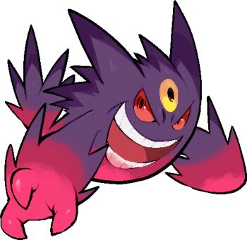 commentary_request gen_1_pokemon gengar kawaanago lowres mega_gengar mega_pokemon nintendo open_mouth pokemon pokemon_(creature) pokemon_focus smile solo teeth third_eye transparent_background v-shaped_eyes