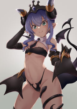 1girl aqua_eyes arcanadea bikini black_bikini black_gloves black_necktie black_tiara blue_hair closed_mouth collared_shrug commentary_request cowboy_shot curled_horns demon_girl demon_horns demon_tail demon_wings earrings elbow_gloves flat_chest gloves grey_background groin hair_between_eyes hands_up heart heart_earrings highleg highleg_bikini highres horns jewelry kotobukiya looking_at_viewer low_wings mini_wings multiple_wings navel necktie pointy_ears satomura_kyou short_hair short_hair_with_long_locks short_necktie shrug_(clothing) sidelocks sleeveless_shrug smile solo standing stomach strapless strapless_bikini swimsuit tail thighlet thighs tiara velretta wings