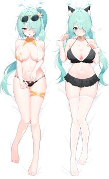1girl absurdres alternate_costume alternate_hairstyle animal_ear_fluff animal_ears aqua_hair bare_arms bare_legs bare_shoulders barefoot bikini bikini_skirt black_bikini blue_archive blue_hair blue_halo blush breasts cat_ears cat_girl cleavage closed_mouth eyes_visible_through_hair eyewear_on_head floral_print floral_print_bikini flower hair_flower hair_ornament hair_over_one_eye halo highres hiyori_(blue_archive) hiyori_(swimsuit)_(blue_archive) large_breasts long_hair low_twintails lying navel no_shoes official_alternate_costume official_alternate_hairstyle on_back open_mouth print_bikini side_ponytail sidelocks stomach sunglasses swimsuit taro_(303_taroo) thighhighs twintails white_bikini white_flower white_thighhighs wrist_cuffs