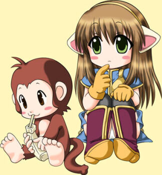 1girl 2000s_(style) :3 animal_ears archer_(ragnarok_online) bad_id bad_source black_thighhighs blue_dress blush_stickers brown_gloves brown_hair cat_ears closed_mouth commentary_request dress expressionless fake_animal_ears full_body gloves green_eyes kaga_sayuki long_hair lowres monkey panties pantyshot ragnarok_online short_sleeves simple_background sitting solo thighhighs underwear white_panties yellow_background yoyo_(ragnarok_online)