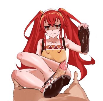 1boy 1girl alternate_hairstyle bare_legs bare_shoulders barefoot collarbone cum cum_on_body cum_on_feet cum_on_sandals disgust eris_greyrat feet footjob frown highres k4orw_prrurwi legs mushoku_tensei pov red_eyes red_hair sandaljob sandals toes twintails unworn_sandals