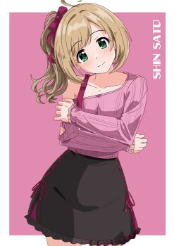 Rule 34 | 1girl, black skirt, border, bow, brown hair, character name, closed mouth, commentary request, cowboy shot, cross-laced clothes, cross-laced skirt, green eyes, hair bow, head tilt, highres, idolmaster, idolmaster cinderella girls, illustscody, long sleeves, looking at viewer, medium hair, off-shoulder sweater, off shoulder, parted bangs, pink background, pink sweater, red bow, sato shin, side ponytail, simple background, single off shoulder, skirt, smile, solo, split mouth, standing, sweater, white border