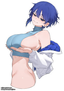 1girl ass bare_shoulders blue_eyes blue_hair blue_sweater blush bottomless breast_press breasts closed_mouth highres jacket jjune large_breasts no_panties off_shoulder open_clothes open_jacket original short_hair sideboob sleeveless sleeveless_sweater smile solo sweater turtleneck turtleneck_sweater white_jacket