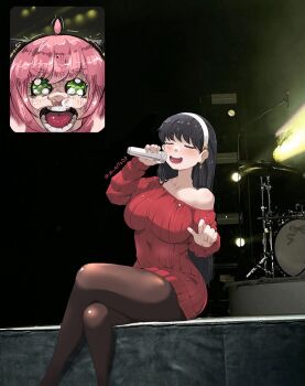 2girls anya_(spy_x_family) artist_name black_hair breasts brown_pantyhose crossed_legs dress drum drum_set fan_screaming_at_madison_beer_(meme) green_eyes hairband holding holding_microphone instrument jk_arts large_breasts meme microphone mother_and_daughter multiple_girls music off-shoulder_sweater off_shoulder open_mouth pantyhose photo_background pink_hair red_sweater screaming singing single_bare_shoulder sitting spy_x_family stage sweater sweater_dress twitter_username white_hairband yor_briar
