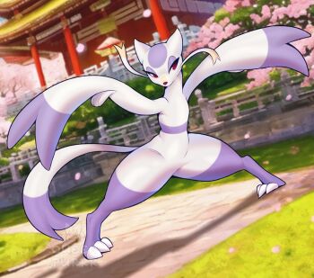 architecture cherry_blossoms day east_asian_architecture gen_5_pokemon grass mienshao nintendo no_humans outdoors path pokemon pokemon_(creature) purple_fur queen_purrr red_eyes road solo standing two-tone_fur white_fur