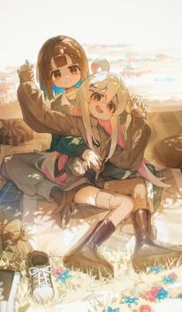 2girls @_@ ahoge ap04astral blue_hair boots brown_hair c: colored_inner_hair cuddling cushion day flower grass highres hozuki_momiji hug hug_from_behind long_hair long_sleeves looking_at_viewer multicolored_hair multiple_girls on_floor onii-chan_wa_oshimai! open_mouth outdoors oyama_mahiro pants picnic picnic_blanket pink_hair pleated_skirt removing_shoes shoes sitting skirt smile sneakers socks sunlight sweater sweater_under_jacket thighhighs turtleneck turtleneck_sweater white_hair wrapped_bento yokozuwari