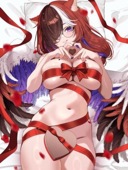 Rule 34 | 1girl, angel wings, animal ears, box, box of chocolates, breasts, brown hair, cat ears, closed mouth, commission, eyebrows hidden by hair, groin, hair between eyes, hair over one eye, heart, heart-shaped box, heart hands, highres, large breasts, licking lips, lips, looking at viewer, lying, medium hair, multicolored hair, multicolored wings, nail polish, naked ribbon, navel, on back, on bed, original, pillow, purple eyes, purple wings, raituna, red eyes, red wings, ribbon, round eyewear, smile, solo, stomach, tongue, tongue out, white hair, white wings, wings