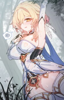 1girl absurdres arm_up armpits blonde_hair blurry blurry_background blush breasts commentary cowboy_shot detached_sleeves dress english_commentary feathers genshin_impact hair_over_one_eye highres large_breasts long_sleeves looking_at_viewer lumine_(genshin_impact) medium_hair one_eye_covered open_mouth outdoors parted_bangs rayno solo speech_bubble spoken_squiggle squiggle sweat thighhighs thighs white_dress white_sleeves white_thighhighs yellow_eyes