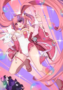 1girl absurdres ahoge breasts bubi_(ironmouse) cleavage commentary demon_girl demon_horns english_commentary fang heart heart_ahoge highres holding holding_wand horns ironmouse ironmouse_(race_queen) jacket leotard long_hair looking_at_viewer medium_breasts multicolored_hair open_mouth pink_eyes pink_hair pink_jacket purple_hair skin_fang smile solo thigh_strap tsuna_katsuoka twintails two-tone_hair very_long_hair virtual_youtuber vshojo wand white_leotard