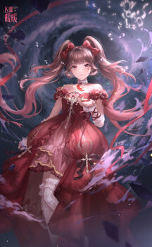 1girl arm_ribbon artist_request bare_shoulders black_ribbon bow brown_hair choker closed_mouth cloud copyright_name cross cross_print crying crying_with_eyes_open dodora_(shining_nikki) dress dress_ribbon eyelashes feet_out_of_frame fingernails floating_hair flower frilled_arm_warmers gem gradient_hair hair_bow heart_on_cheek highres lace lace-trimmed_choker lace-trimmed_dress lace_thighhighs lace_trim light_particles lipstick logo long_dress long_hair looking_at_viewer makeup multicolored_hair nikki_(series) off-shoulder_dress off_shoulder offering_hand official_art outstretched_hand pink_hair pink_lips red_bow red_dress red_eyes red_flower red_gemstone red_ribbon red_rose ribbon rose sad_smile second-party_source shining_nikki short_sleeves smile smoke solo space teardrop tears thighhighs unfading_flower_(shining_nikki) very_long_hair white_arm_warmers white_choker white_thighhighs zettai_ryouiki