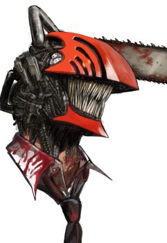 1boy absurdres black_necktie blood blood_on_clothes blood_splatter bloody_weapon chainsaw chainsaw_man collared_shirt demon_boy denji_(chainsaw_man) facing_to_the_side grenade_pin highres kotorun_ahyo necktie sharp_teeth shirt simple_background solo teeth weapon white_background white_shirt yellow_eyes