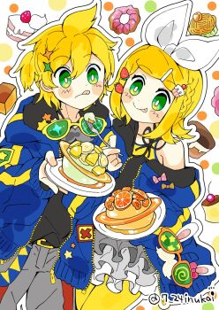 1boy 1girl 7:24 :q banana black_shirt blonde_hair blue_jacket bow braid bright_pupils cake cake_hair_ornament castella_(food) commentary_request cupcake donut food food-themed_hair_ornament fork frilled_skirt frills fruit green_eyes grey_pants grey_skirt hair_bow hair_ornament hairclip highres holding holding_fork holding_plate jacket kagamine_len kagamine_rin looking_at_viewer open_clothes open_jacket orange_(fruit) outline pants plate shirt skirt spiked_hair star_(symbol) strawberry strawberry_hair_ornament tongue tongue_out twitter_username vocaloid white_bow white_outline white_pupils yellow-framed_eyewear zipper zipper_pull_tab