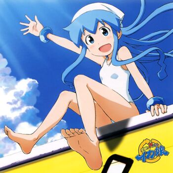 artist_request bad_tag bare_legs barefoot blue_eyes blue_hair blue_sky blush bracelet cloud feet hat ikamusume jewelry logo official_art one-piece_swimsuit rooftop shinryaku!_ikamusume sitting sky smile soles source_request squid squid_girl swimsuit tentacle_hair tentacles title toes waving