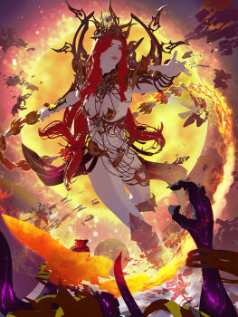1girl 1other abs arm_up armor armored_pasties armpits attack bikini_armor boots breasts brown_boots character_request dynamic_pose fantasy fire fireball floating_clothes floating_hair full_body gold_armor gold_gauntlets gold_thighlet holding holding_whip jewelry large_breasts legend_of_the_cryptids light_particles lipstick long_hair long_sidelocks looking_ahead makeup monster navel nose official_art original outstretched_arms parted_lips pasties planet reaching reaching_towards_viewer realistic red_eyes red_hair red_lips revealing_clothes shoulder_blades sidelocks solo_focus space standing standing_on_one_leg star_(sky) sun thighlet tiara toned toned_female turning_around unfinished very_long_hair yu_cheng_hong