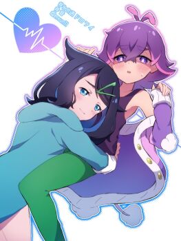 2girls antenna_hair black_hair blue_eyes blue_hair blue_jacket blush cowlick dot_(pokemon) embarrassed green_hair_ornament green_pants hair_over_eyes highres hug hugging_ass jacket jacket_over_shoulder liko_(pokemon) looking_at_viewer multicolored_hair multiple_girls nihiro_(erxun11) nintendo oshi-katsu pants pink_hair pokemon pokemon_(anime) pokemon_horizons purple_eyes purple_hair purple_jacket short_hair simple_background smile sweatdrop twitter_username two-tone_hair unworn_jacket white_background yuri