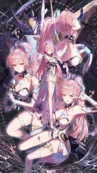 Rule 34 | 1girl, absurdres, aemeath (wuthering waves), ahoge, arm up, bare shoulders, breasts, cleavage, commentary, elbow gloves, exostrider (wuthering waves), gloves, hair ornament, highres, holding, holding microphone, konbunyas, leotard, long hair, looking at viewer, medium breasts, microphone, multiple views, orange eyes, parted lips, pink hair, ponytail, showgirl skirt, skirt, smile, strapless, strapless leotard, thighs, untranslatable commentary, v, white gloves, white leotard, white skirt, wuthering waves