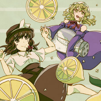 2girls alternate_costume bare_shoulders black_hat black_skirt blonde_hair blush bow bowtie brown_hair closed_mouth collared_dress collared_shirt commentary contrast_collar crystal detached_sleeves dress floating food fruit green_background hair_bow hat hat_bow highres holding lemon lemon_slice maribel_hearn medium_hair mob_cap multiple_girls open_mouth purple_dress red_bow red_bowtie salt sanwa_no_jako_(daikichi_club) shirt shirt_tucked_in short_hair short_sleeves skirt smile touhou two-tone_background usami_renko white_bow white_hat white_shirt yellow_eyes