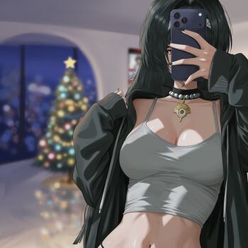 1girl absurdres alternate_costume artist_name astra_yao black_choker black_hair black_jacket black_nails blurry blurry_background breasts camisole cellphone choker christmas christmas_tree cleavage commentary covering_face facing_viewer fingernails grey_camisole hairband hands_up highres holding holding_phone indoors jacket jewelry large_breasts long_fingernails long_hair midriff nail_polish navel night open_clothes open_jacket pendant phone phone_over_face red_eyes reflective_floor selfie smartphone solo sunshine_(6_s.u.n.s.h.i.n.e_9) taking_picture upper_body white_hairband window zenless_zone_zero