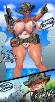 2girls absurdres areola_slip black_slingshot_swimsuit blonde_hair breasts camouflage camouflage_hat camouflage_headwear commentary covered_erect_nipples curvy day english_commentary exhibitionism gluteal_fold hat highres hitch_(perotoss) huge_breasts military multiple_girls navel one-piece_tan original outdoors public_indecency republic_of_korea_marine_corps sergeant_joo sharp_teeth shiny_skin short_hair slingshot_swimsuit standing stomach strap_gap sweat swimsuit tan tanline teeth thighs tomboy yellow_eyes