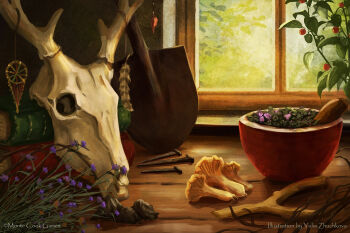 animal_skull artist_name bowl deer_skull english_text flower highres mushroom no_humans original purple_flower shovel yulia_zhuchkova