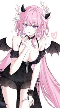 1girl bare_shoulders black_dress black_panties breasts cjdcjd616 commentary cyrene_(demiurge)_(honkai:_star_rail) cyrene_(honkai:_star_rail) demon_horns demon_wings detached_sleeves diamond-shaped_pupils diamond_(shape) dress fake_horns fake_wings heart honkai:_star_rail honkai_(series) horns large_breasts long_hair looking_at_viewer multicolored_hair panties parted_lips pink_hair pointy_ears purple_eyes see-through_clothes see-through_dress simple_background solo symbol-shaped_pupils thighs two-tone_hair underwear unfinished very_long_hair white_background white_hair wings
