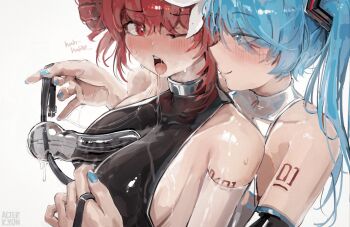 2girls alterkyon bare_shoulders black_leotard blue_eyes blue_hair blush breasts detached_sleeves dildo_gag drill_hair gag hatsune_miku heattech_leotard highres kasane_teto large_breasts leotard looking_at_another multiple_girls one_eye_closed open_mouth red_eyes red_hair saliva saliva_trail skindentation smile teeth turtleneck twin_drills twintails ungagged upper_teeth_only vocaloid white_background white_leotard yuri