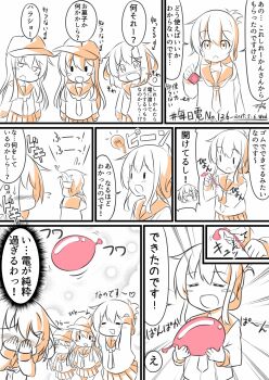 10s 4girls :d =_= akatsuki_(kancolle) arms_up balloon blush comic condom condom_balloon embarrassed fang flat_cap folded_ponytail gurande_(g-size) hair_ornament hairclip hat hibiki_(kancolle) highres horosho ikazuchi_(kancolle) inazuma_(kancolle) kantai_collection long_hair long_sleeves monochrome multiple_girls nanodesu_(phrase) nose_blush open_mouth pan-pa-ka-paaan! pleated_skirt school_uniform serafuku short_hair skirt smile translation_request