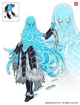 1girl abs alien apoloniodraws arm_up articguana ben_10 black_coat blue_skin coat colored_skin footprints full_body genderswap genderswap_(mtf) green_eyes highres long_hair muscular muscular_female scar scar_across_eye scar_on_face skull_print torn_clothes very_long_hair