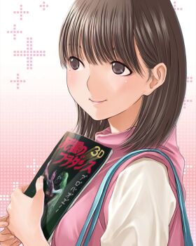 1girl anegasaki_nene blush book breasts brown_eyes brown_hair closed_mouth commentary_request gradient_background hands_up highres holding holding_book jacket looking_to_the_side love_plus medium_breasts medium_hair mole mole_under_eye official_art pink_background pink_jacket pink_lips plus_sign shirt sleeveless sleeveless_jacket smile solo upper_body white_background white_shirt zombie