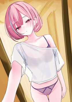1girl arm_at_side bra bra_visible_through_clothes commentary_request cowboy_shot gluteal_fold half-closed_eyes highres indoors looking_at_viewer multicolored_hair no_pants off-shoulder_shirt off_shoulder original panties parted_bangs parted_lips pink_eyes pink_hair purple_bra purple_panties rifufu shirt short_sleeves single_off_shoulder solo standing streaked_hair string_panties underwear white_shirt